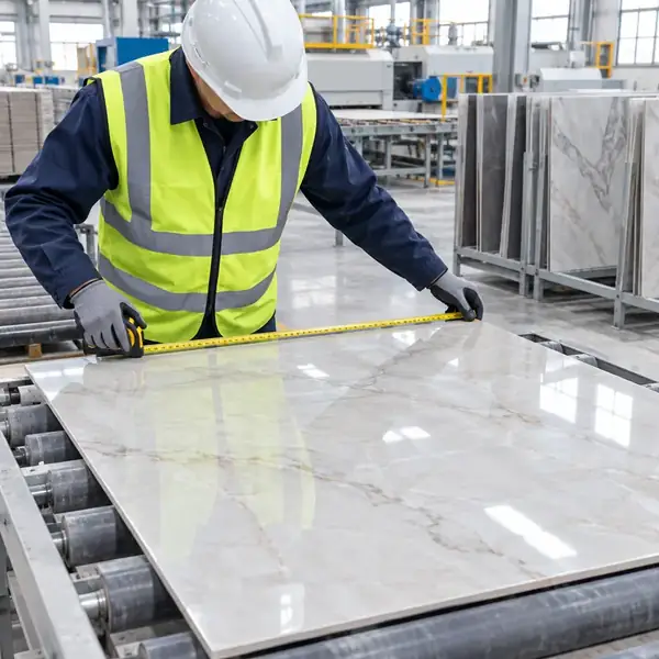 Quality check of a tile at a Morbi factory before loading